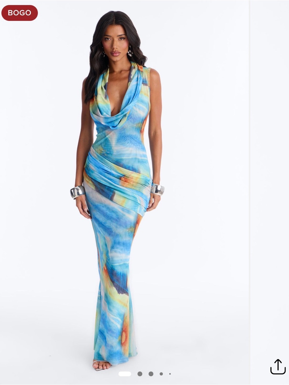 Fashion Nova Blue Multi-Print Cowl Neck Maxi Dress with Orange Accents